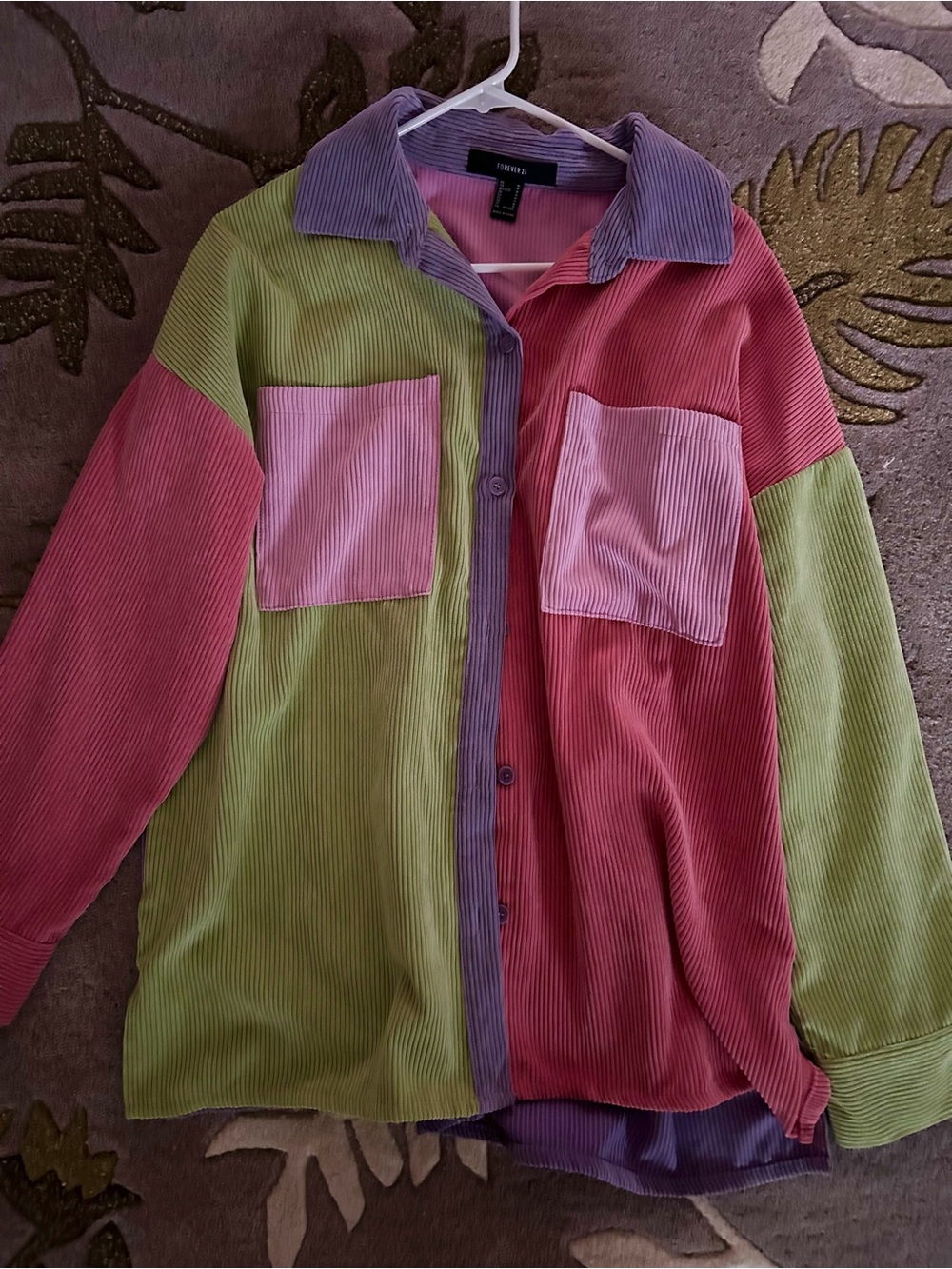 Colorblock Corduroy Button-Up Shirt - Pink, Green & Purple
